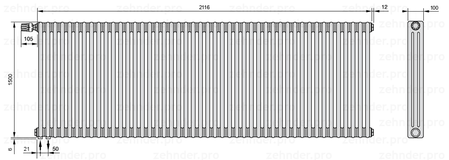 Схема (чертеж) Радиатор Zehnder Charleston 3150/46 №V001 Белый глянцевый RAL 9016